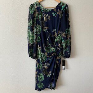 NWT LF Leslie Fay Chiffon Balloon Sleeves Midi‎ Faux Wrap Ruched Dress Size 12